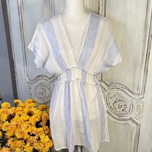 Blue Island Blue and White with Metallic Threads Deep V-Neck Boho Mini Dress